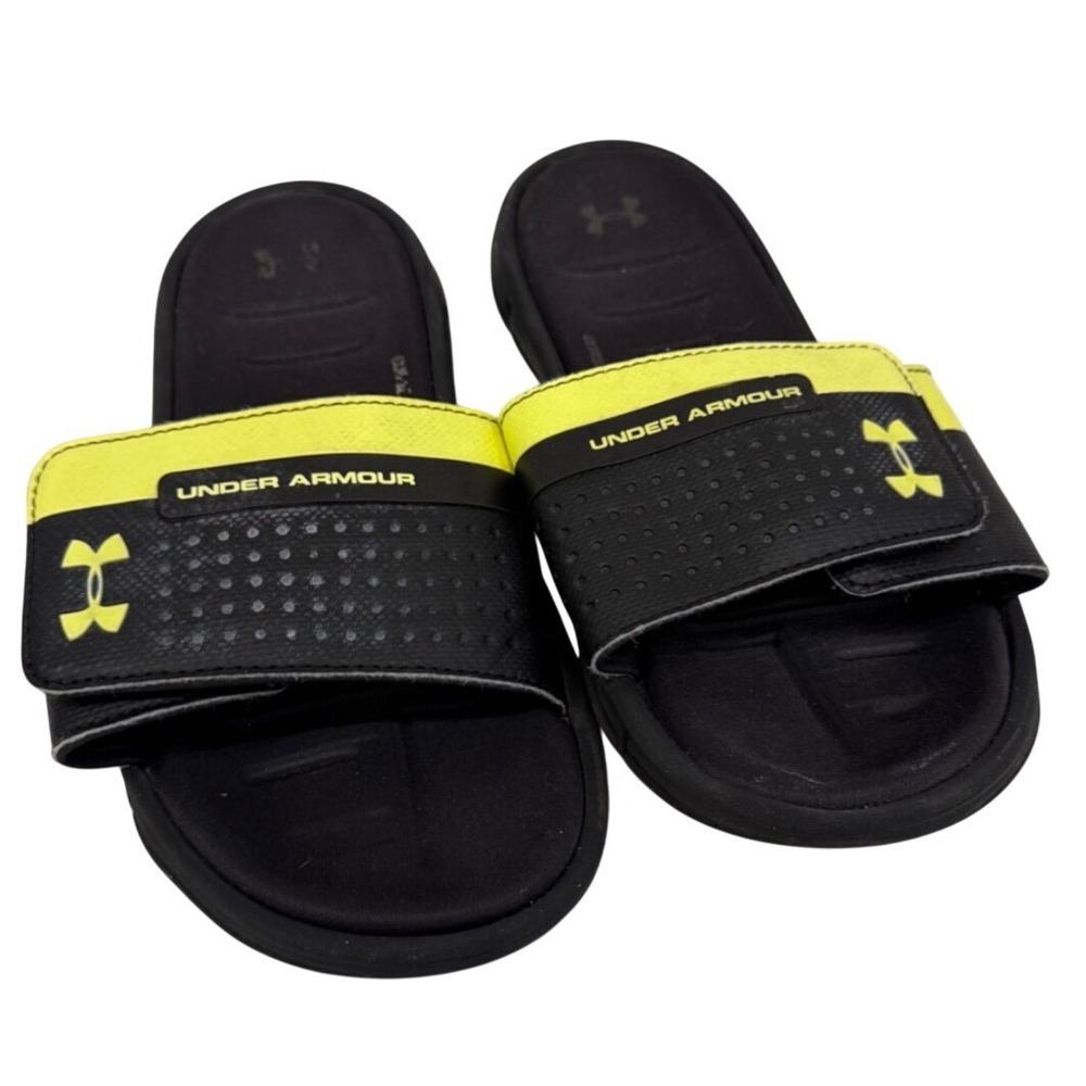 Kids Under Armour 4D‎ foam Ignite Black Yellow Slides Sandals Beach Pool Size 6Y